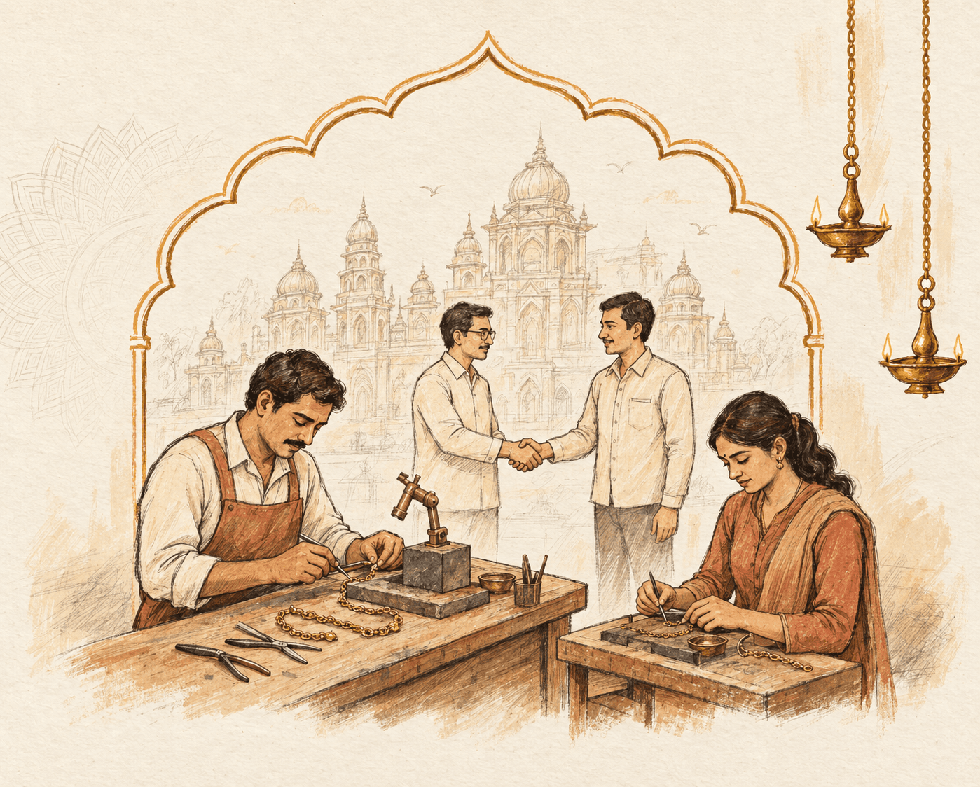 Hand-drawn illustration of goldsmiths crafting jewellery while two partners meet in a workshop